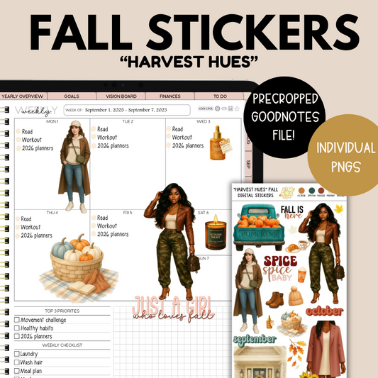Fall-themed planner stickers with 'Harvest Hues' theme, including a pre-cropped GoodNotes file and individual PNGs.