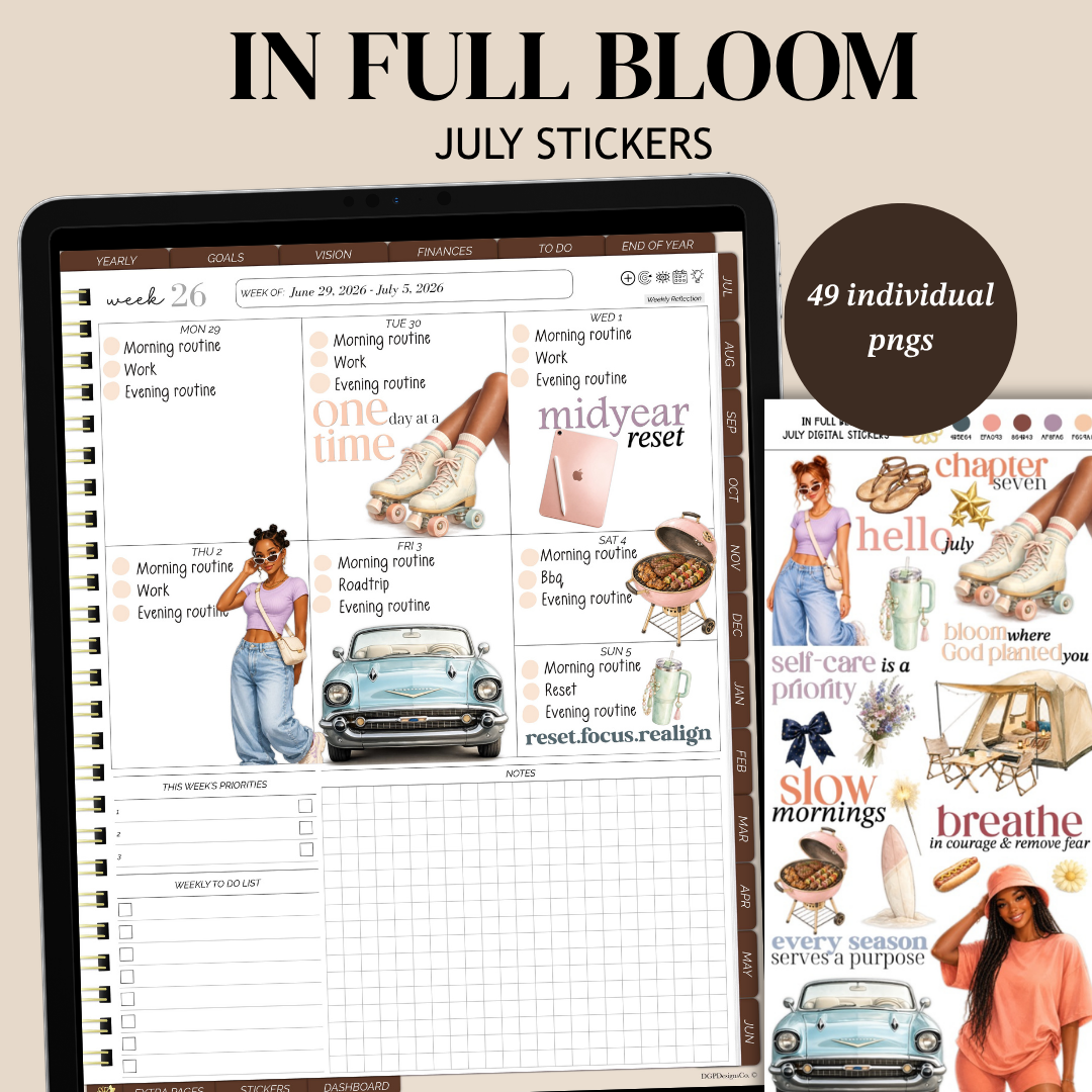 SEO Alt Text:
In Full Bloom July digital stickers for GoodNotes and iPad digital planning, featuring feminine summer planner stickers, faith-inspired quotes, roller skates, florals, and 49 PNG stickers.
