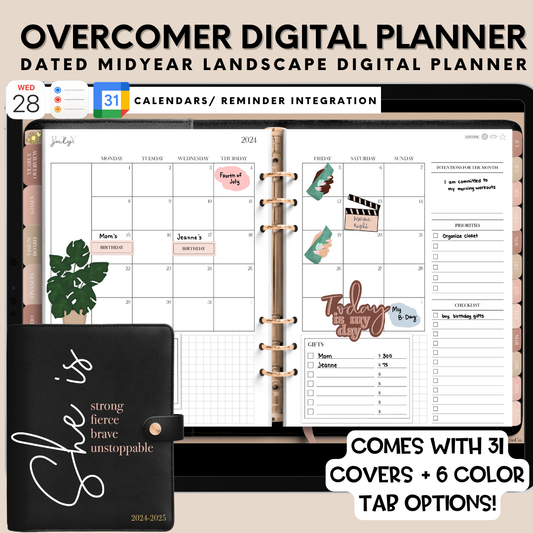 2024-2025 Midyear "The Overcomer" Landscape Digital Planner - She is Strong, Fierce, Brave, Unstoppable