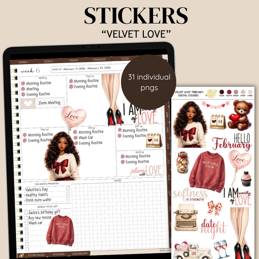 February Valentine digital stickers for GoodNotes with romantic fashion illustrations and planner elements