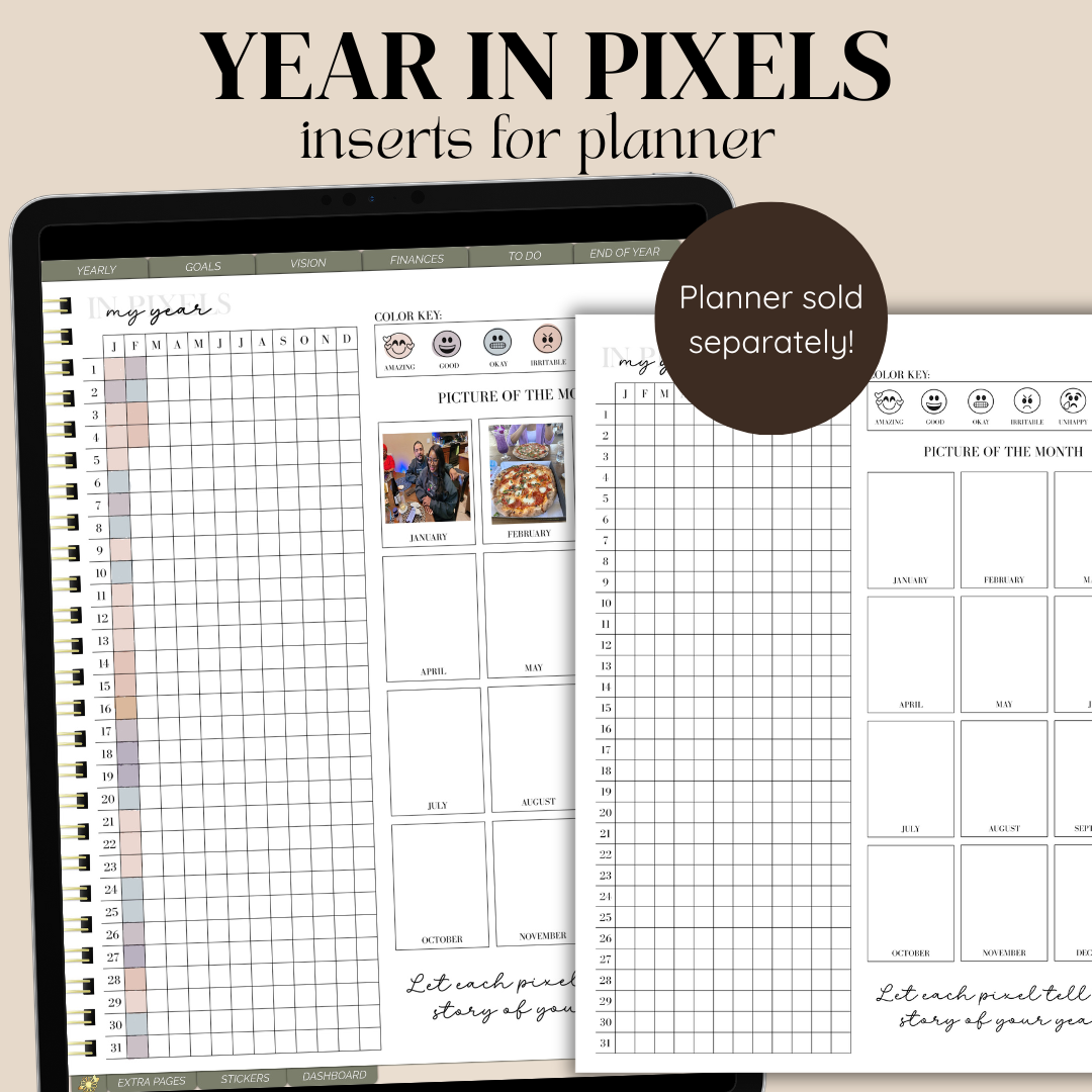year in pixels planner, digital planner inserts, mood tracker planner, habit tracker insert, printable planner inserts, minimalist digital planner, iPad planner inserts, Goodnotes planner inserts, wellness tracker planner, year overview planner page