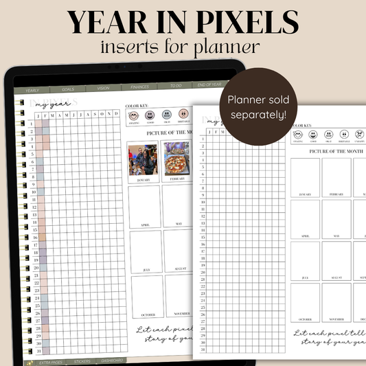 year in pixels planner, digital planner inserts, mood tracker planner, habit tracker insert, printable planner inserts, minimalist digital planner, iPad planner inserts, Goodnotes planner inserts, wellness tracker planner, year overview planner page